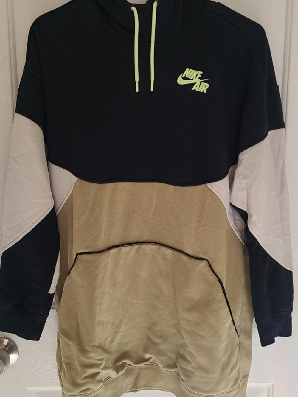 Nike Colorblock Pullover Hoodie in Black, White & Tan with Neon Logo